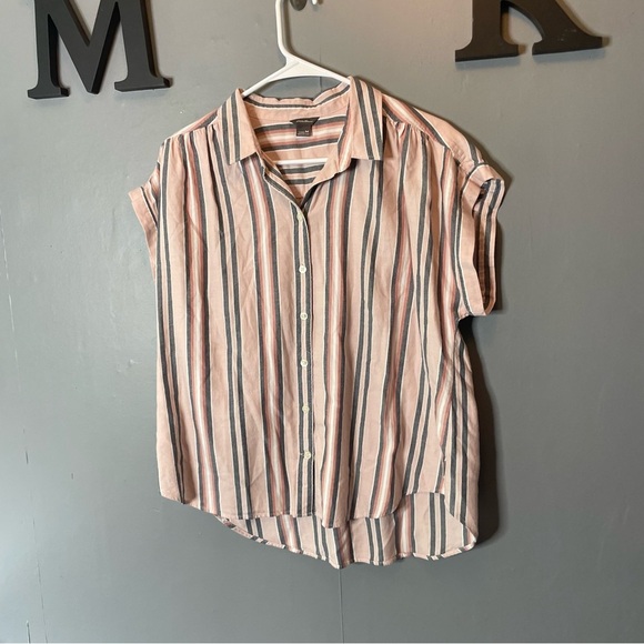 Eddie Bauer oversized Striped Short Sleeve Button-Up Shirt in Pink size medium - Picture 1 of 10